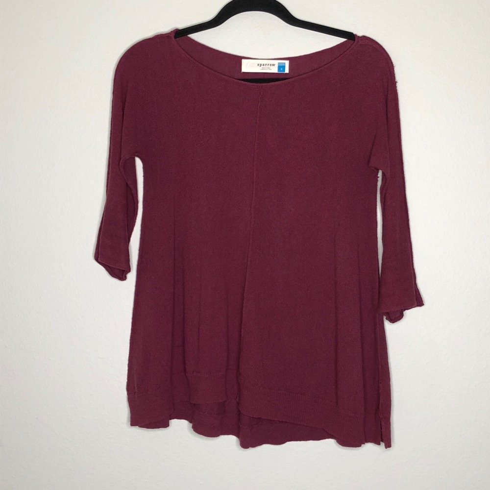 Sparrow Tunic Top Women Small Burgundy Cotton Knit 3/4 Sleeve Raw Hem Casual